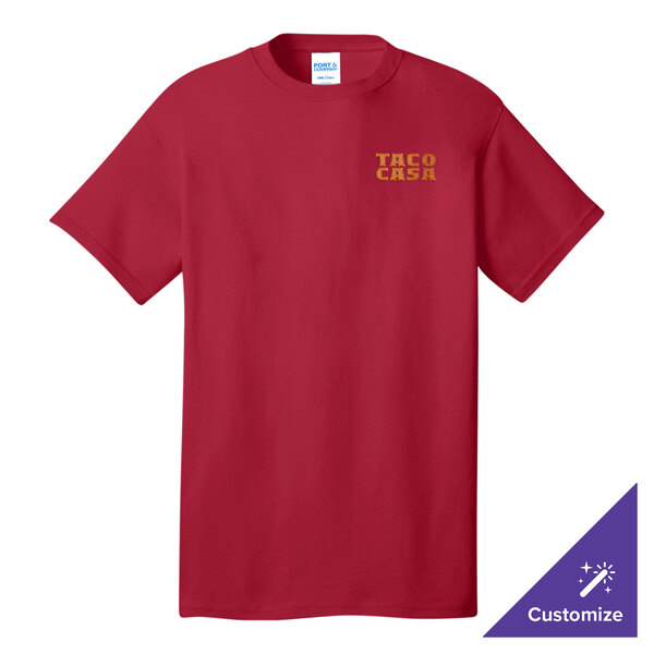 A red Port & Company t-shirt with a logo on it.