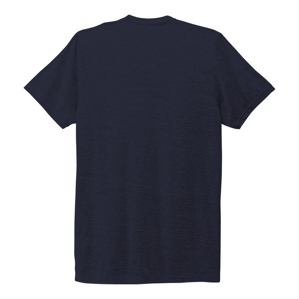 The back of a navy AllMade customizable t-shirt with a white logo.