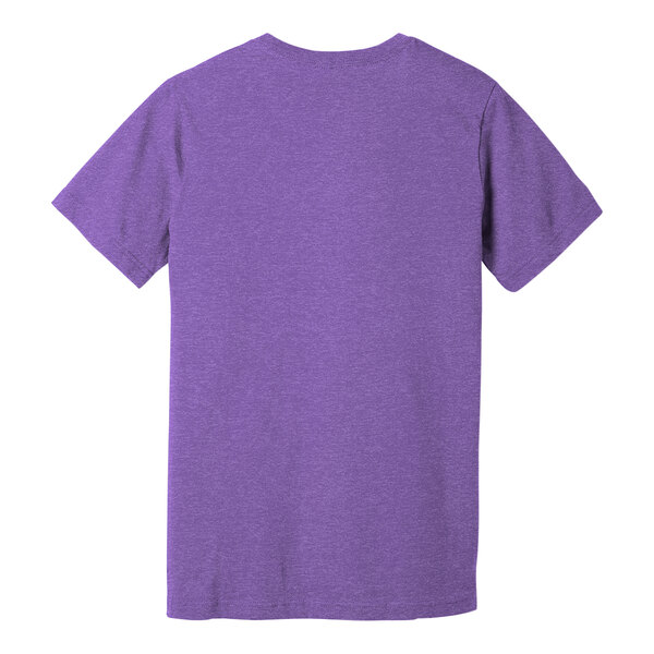 The back of a purple Bella + Canvas customizable t-shirt with a white logo.