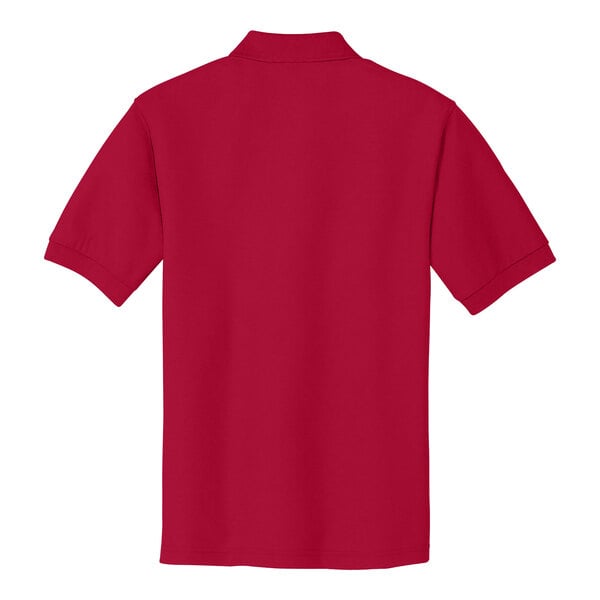 A red Port Authority silk touch polo shirt.
