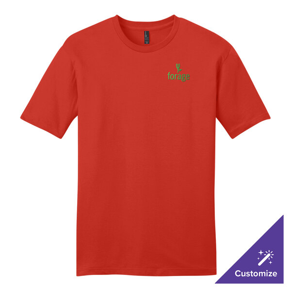 A fiery red District short sleeve t-shirt with a logo on it.