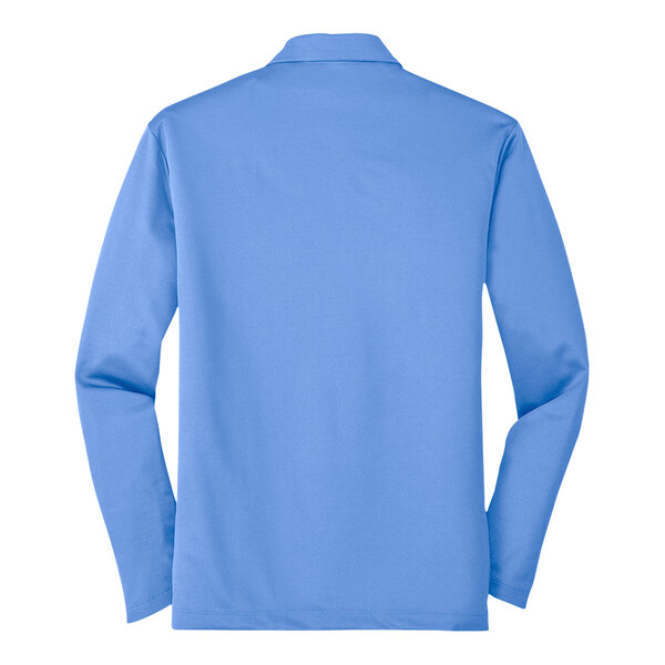 A back view of a medium Carolina blue Port Authority long sleeve polo shirt.