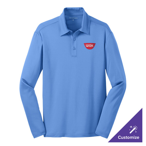 A medium unisex Port Authority Carolina blue long sleeve polo shirt.