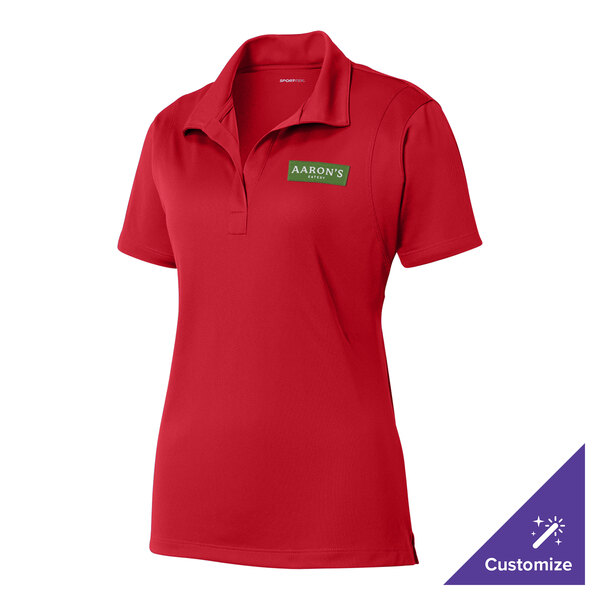 A Sport-Tek True Red short sleeve polo shirt with a green logo on the chest.