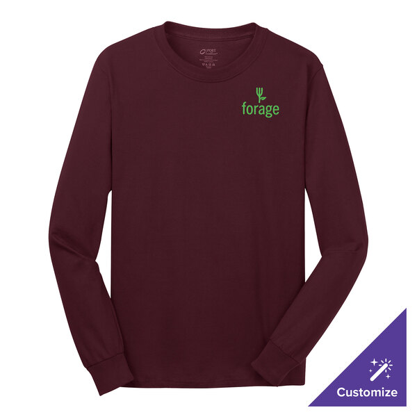 A Port & Company long sleeve maroon t-shirt with a logo.