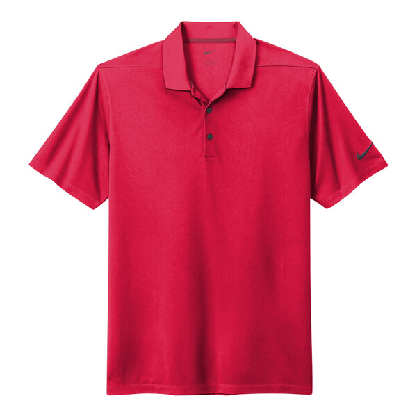 A red Nike Dri-Fit polo shirt with black accents and a Nike logo on the chest.