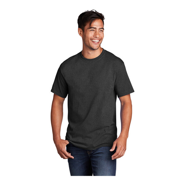 A man wearing a Port & Company black heather short sleeve t-shirt.