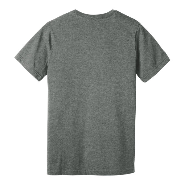 A medium deep heather grey Bella + Canvas customizable t-shirt on a white background with a small logo on the front.