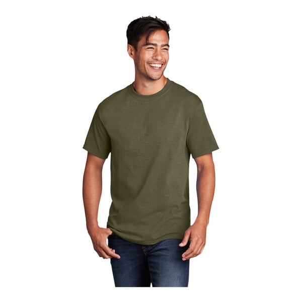 A man wearing a Port & Company olive drab green cotton T-shirt.
