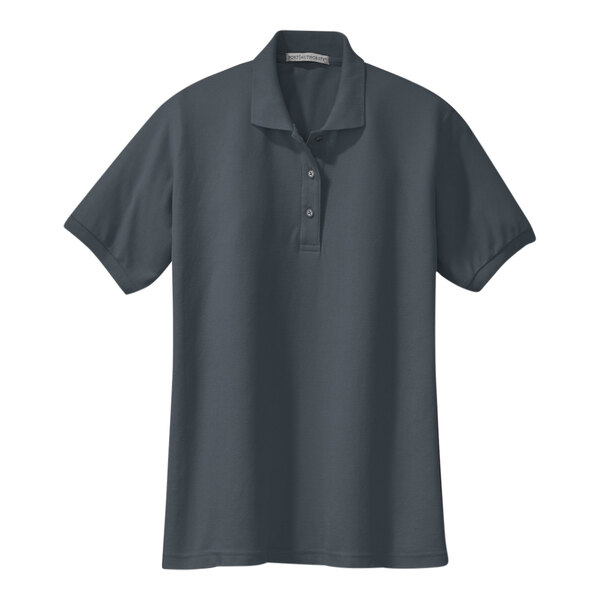 A steel gray Port Authority short sleeve polo shirt with a collar.