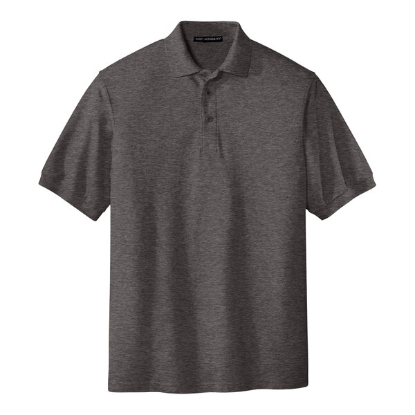 A Port Authority charcoal heather gray polo shirt.