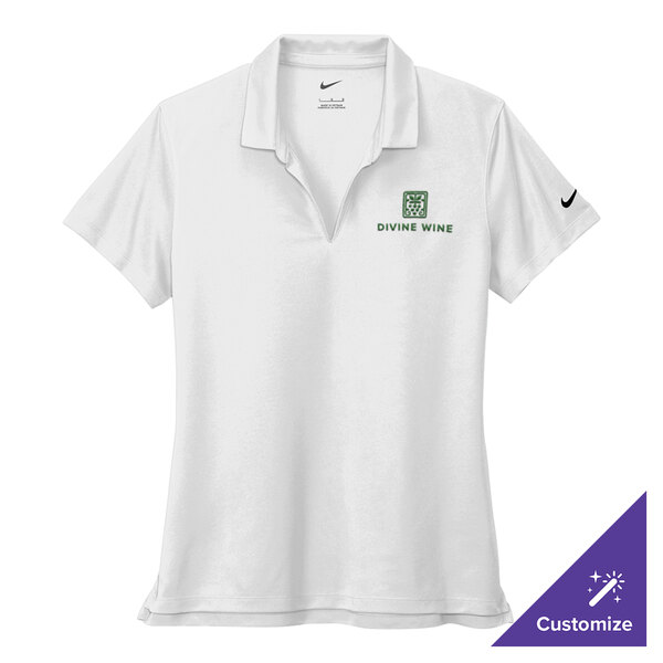 A white Nike women's polo shirt with a logo on the front.