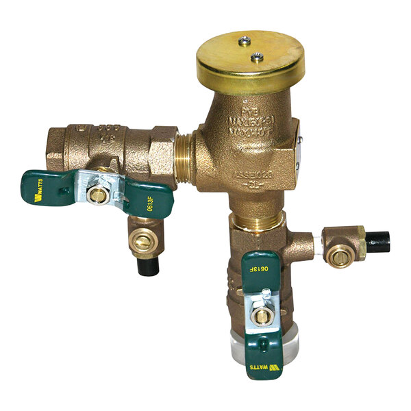 A close-up of a brass Watts pressure vacuum breaker valve with two green handles.