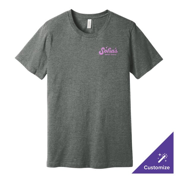 A grey Bella + Canvas t-shirt with purple text.