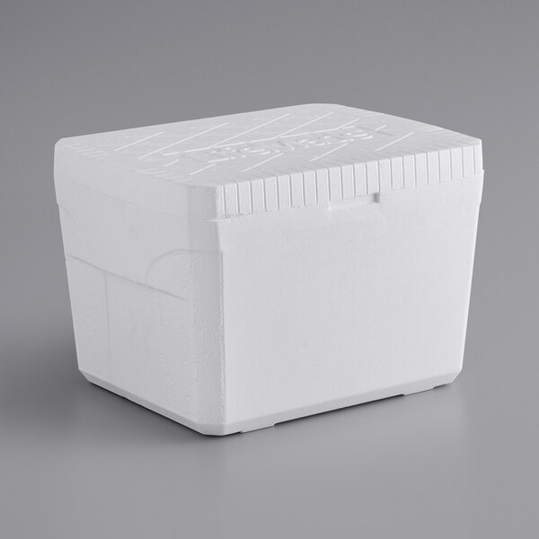 A white styrofoam cooler with a lid.