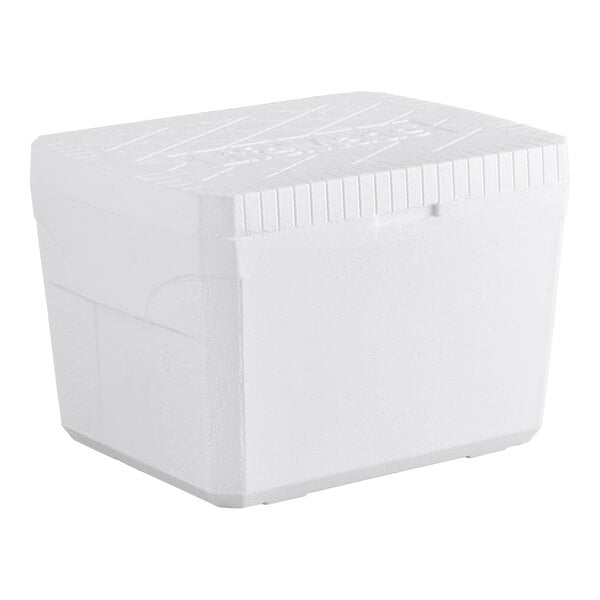 A white foam cooler with a rectangular shape and a fitted lid.