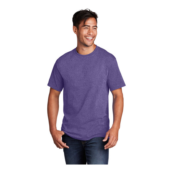 A man wearing a Port & Company unisex heather purple short sleeve T-shirt.