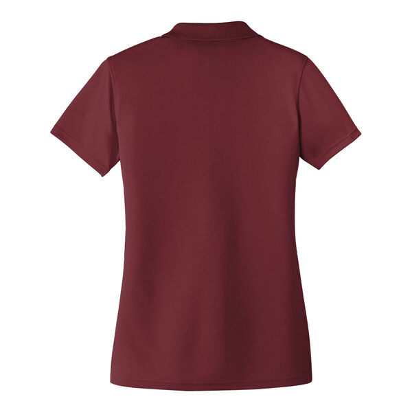 A Port Authority women's burgundy short sleeve polo shirt.