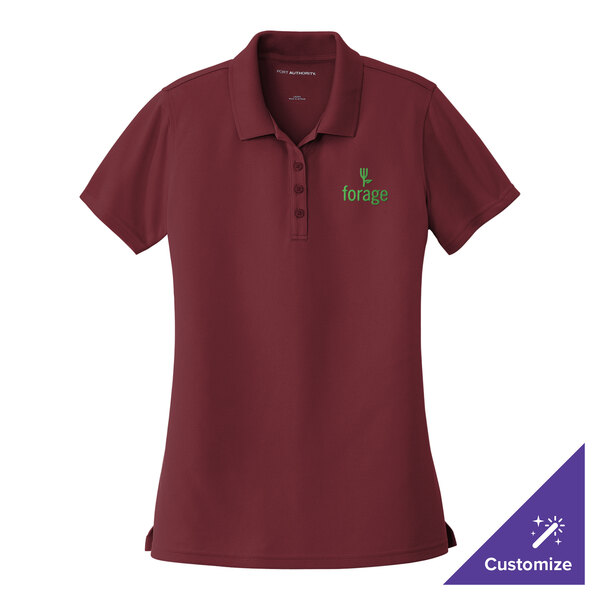 A maroon Port Authority short sleeve polo shirt with a green logo.