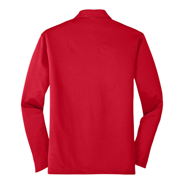 A red Port Authority long sleeve polo shirt.