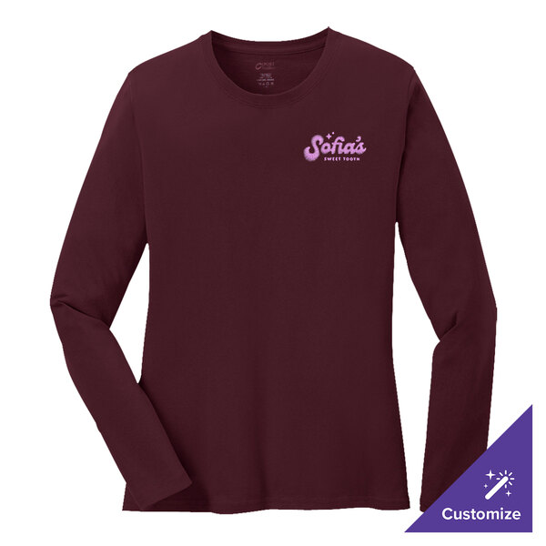 A maroon Port & Company long sleeve women's T-shirt with the word "stix" on the front.