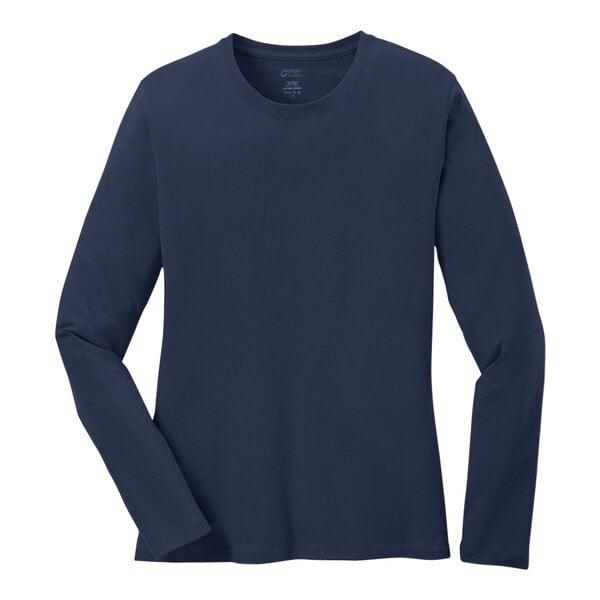 A navy Port & Company long sleeve t-shirt for women.