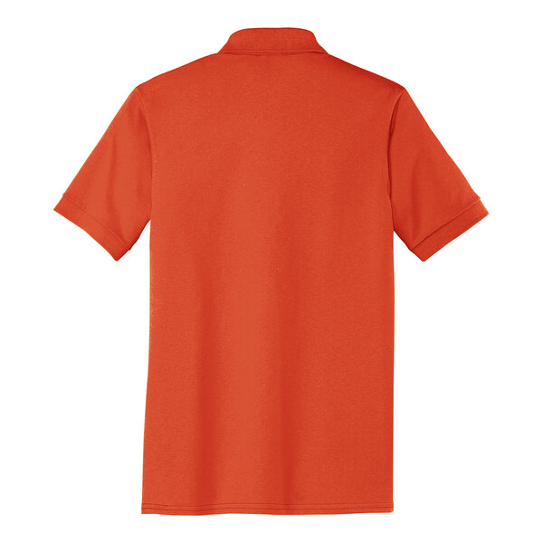 The back of an orange Port & Company polo shirt with a white collar.