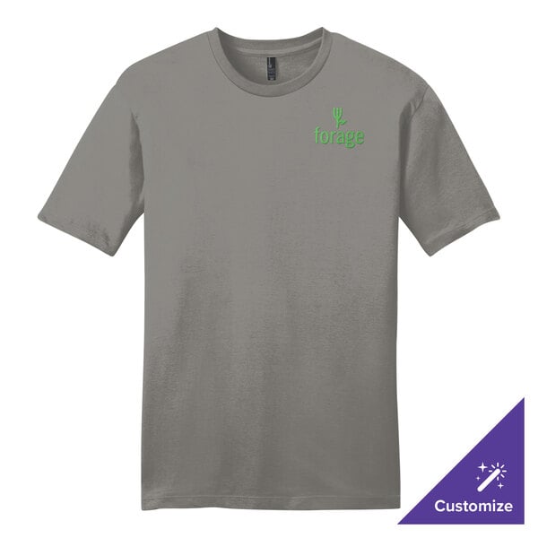 A large District gray t-shirt with a green logo.