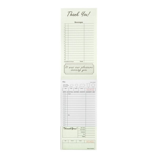 A pack of green and white carbonless guest checks with beverage lines and a bottom guest receipt.