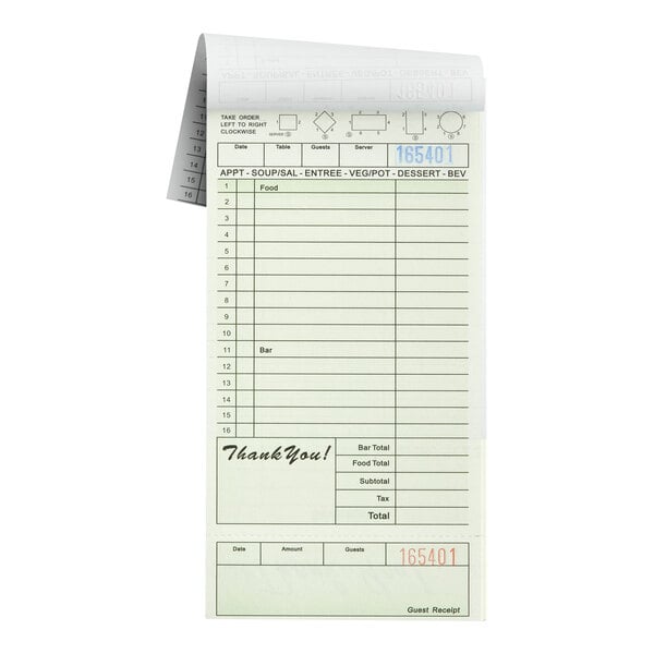 A green and white carbonless guest check pad with beverage lines and a bottom guest receipt section.