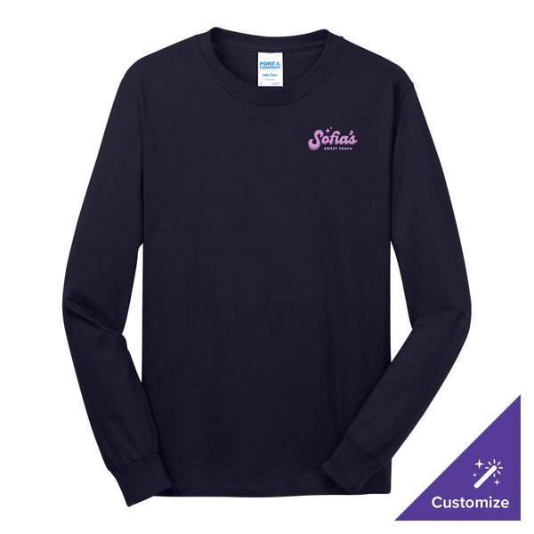A medium navy Port & Company long sleeve shirt with the word "Gildas" in purple text.