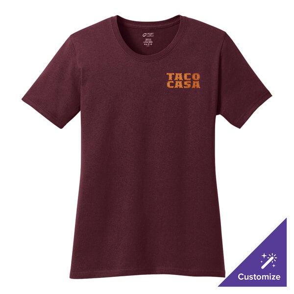 A maroon Port & Company women's t-shirt with orange text that says "T-shirt"