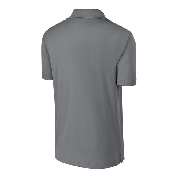 A grey Sport-Tek polo shirt with a white collar.