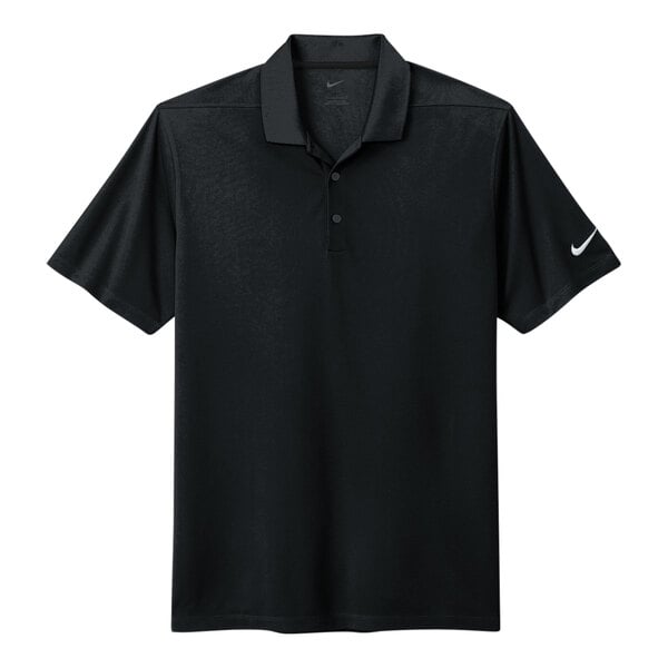 A black Nike Dri-Fit polo shirt with a white swoosh on the sleeve.