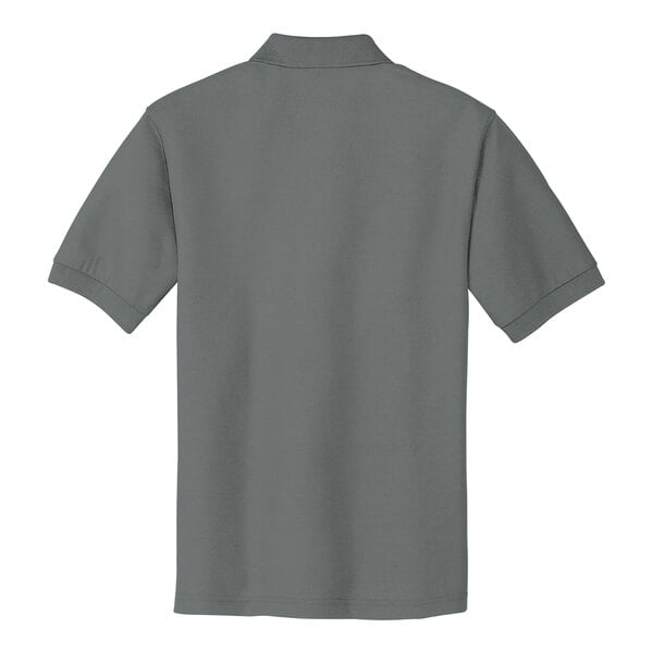 A large cool gray Port Authority polo shirt.