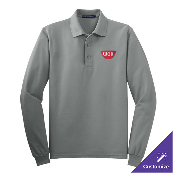 A Port Authority cool gray long sleeve polo shirt with a logo on the chest.