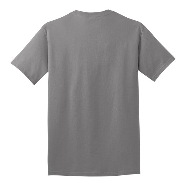 A close-up of a medium gray Port & Company T-shirt.