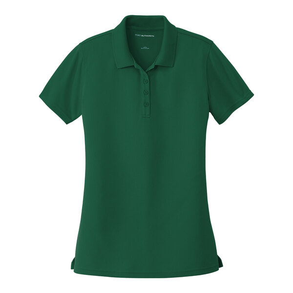 A Port Authority women's deep forest green polo shirt.