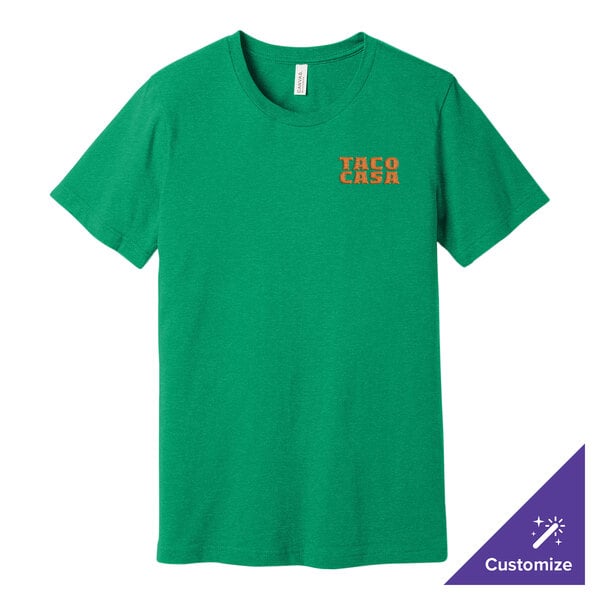 A heather kelly green Bella + Canvas t-shirt with orange and white text.