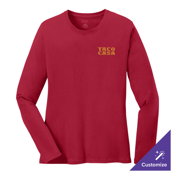 A red Port & Company women's long sleeve t-shirt.