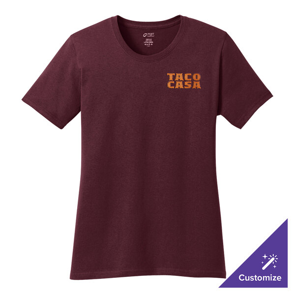 A maroon Port & Company women's t-shirt with orange text that says "t-shirt"
