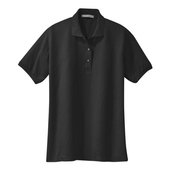 A black Port Authority women's silk touch polo shirt with a collar.