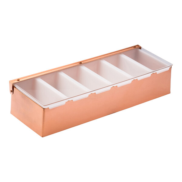 A copper container with six plastic compartments.