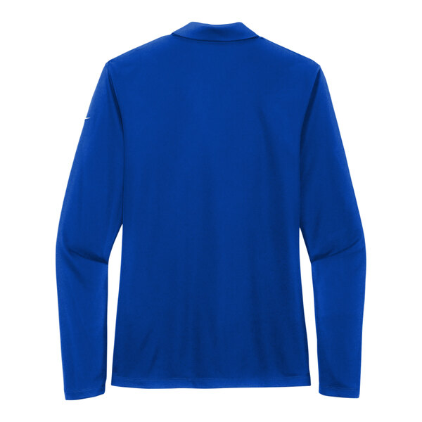A back view of a blue long sleeve Nike polo shirt.