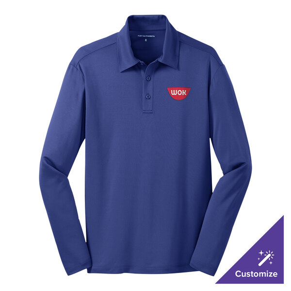 A royal blue Port Authority long sleeve polo shirt.