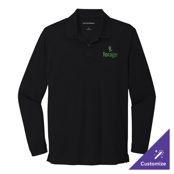 A black long sleeved Port Authority polo shirt with a green logo.