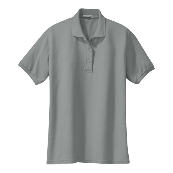 A Port Authority women's silk touch pique polo shirt in cool gray with a collar.
