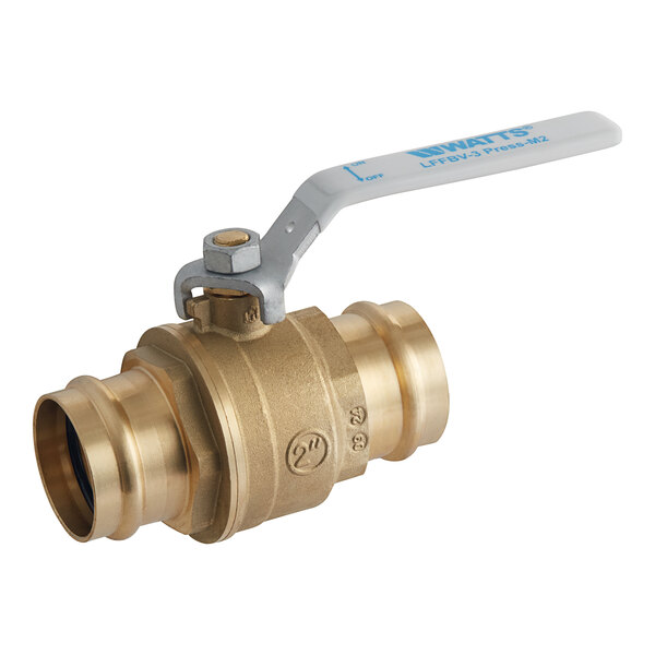 A Watts brass ball valve with a handle.