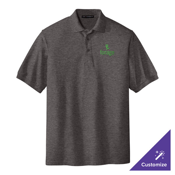 A medium unisex Port Authority charcoal heather gray polo shirt with a green logo.