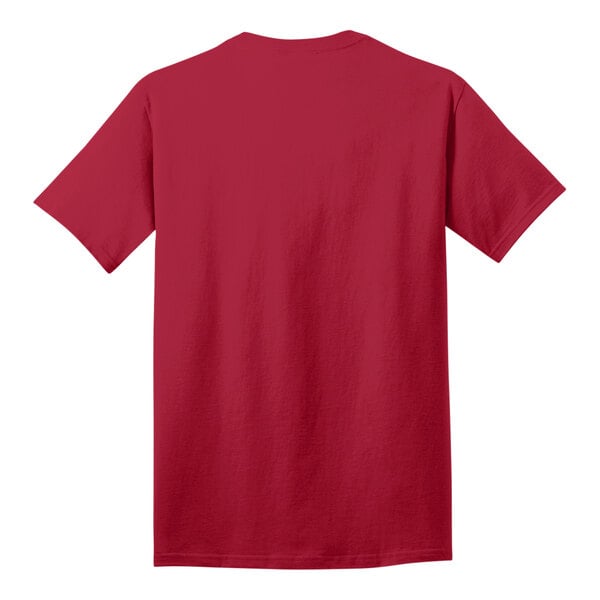 A close-up of a red Port & Company short sleeve t-shirt.